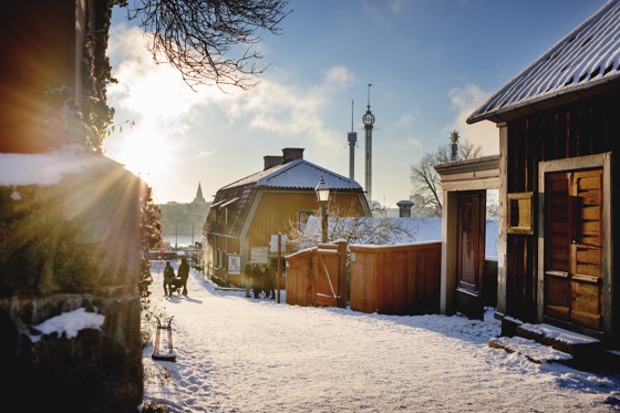 The City Quarters at Skansen with snow on the roofs on a sunny day